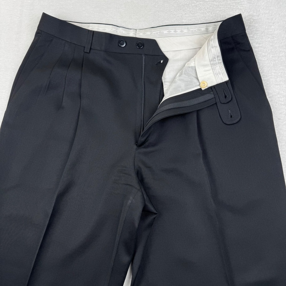 Zanella Pleated Trousers Mens 35 Black Virgin Wool Italy Cuffed Dress Pants